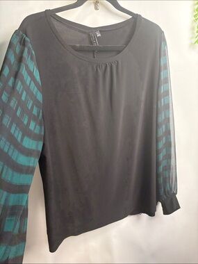 Black Blouse with Teal Plaid Sheer Long Sleeves - Women's